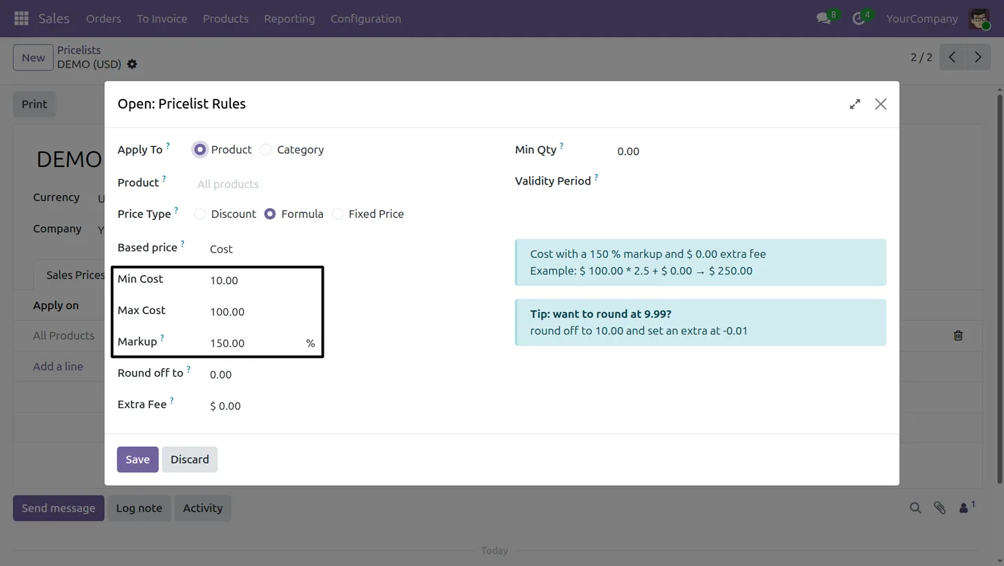 Markup price input on a cost-range pricelist rule in Odoo
