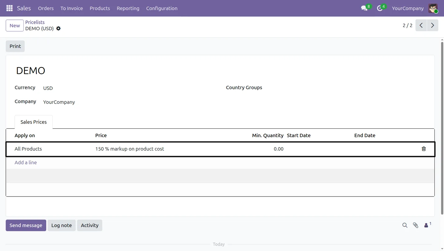 Configured pricelist line showing cost range and markup in Odoo