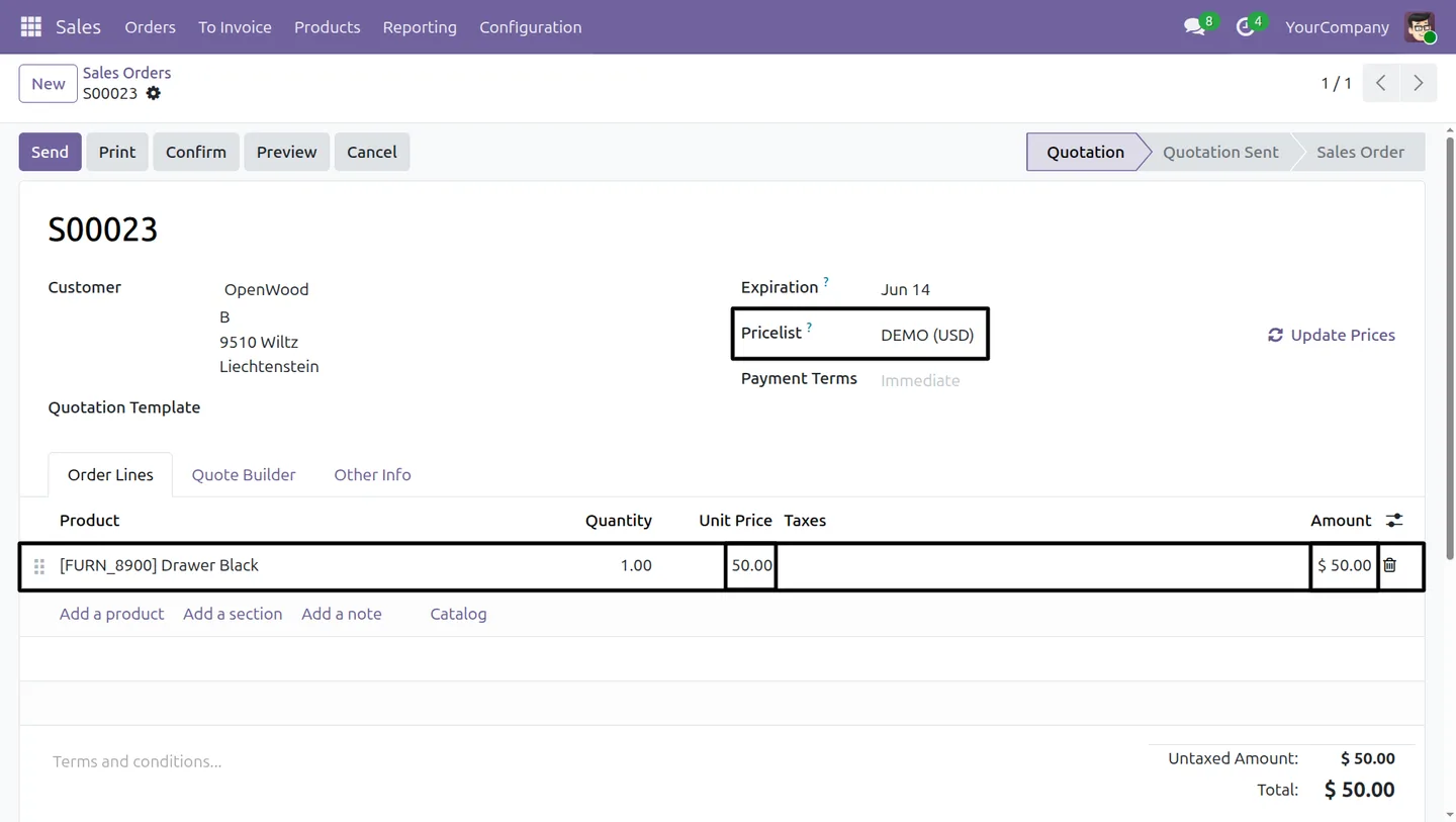Sale order price with the cost-range markup pricelist applied