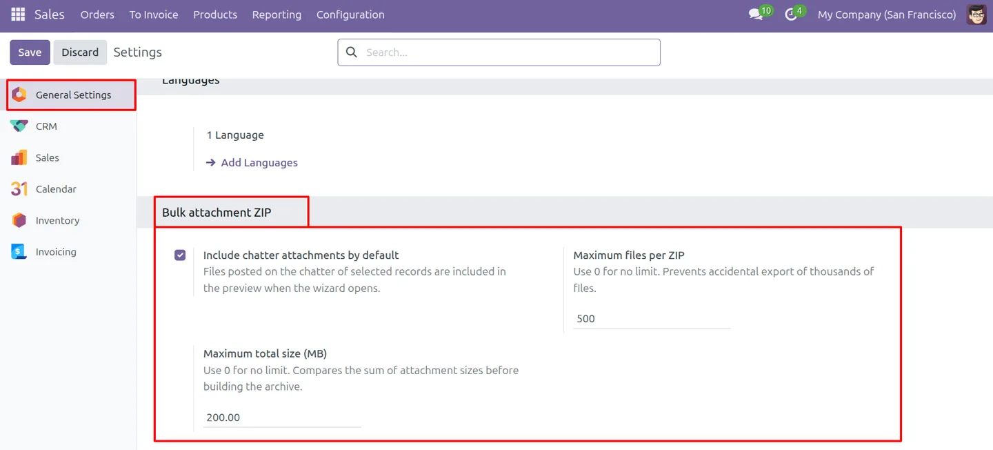 Default Mass Attachment Download settings for ZIP file and size limits in Odoo