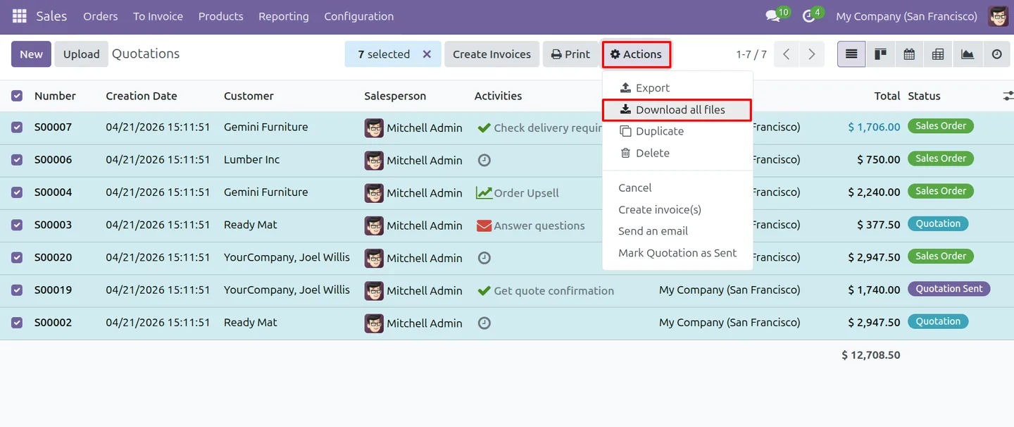 The Download All Files option in the Odoo list view Action dropdown