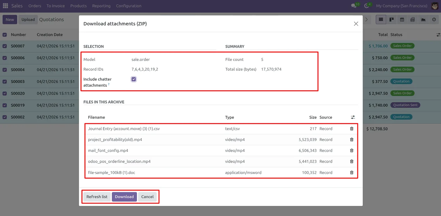The preview wizard listing files and total size before a ZIP download in Odoo