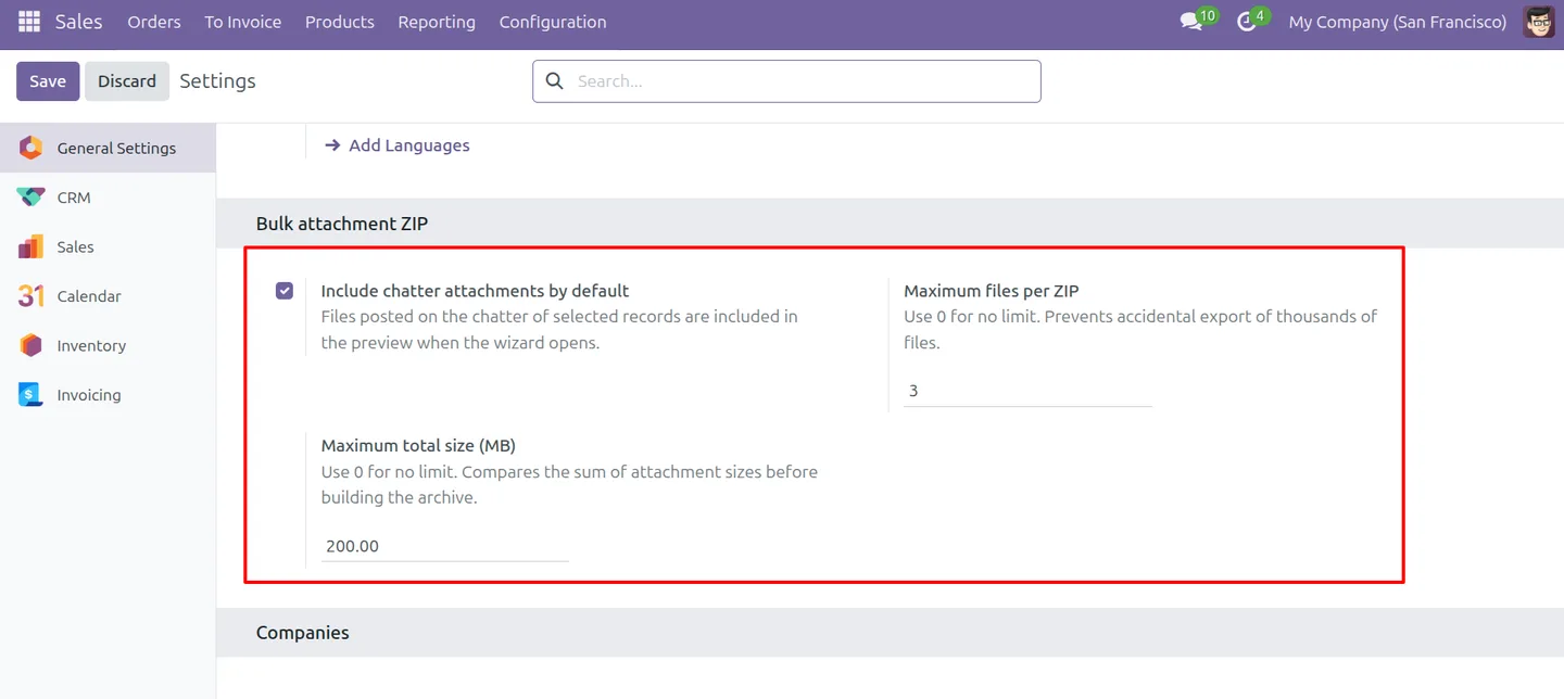 Configuring the maximum file count per ZIP in Odoo settings