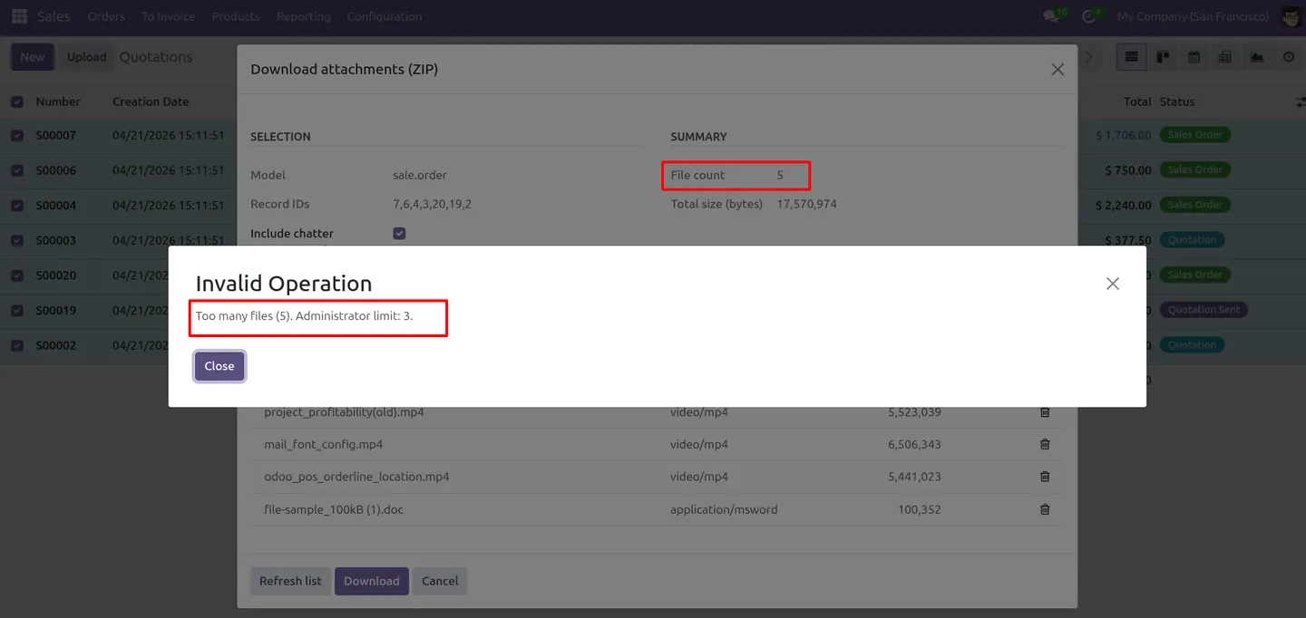 A validation error shown when a download exceeds the file count limit in Odoo