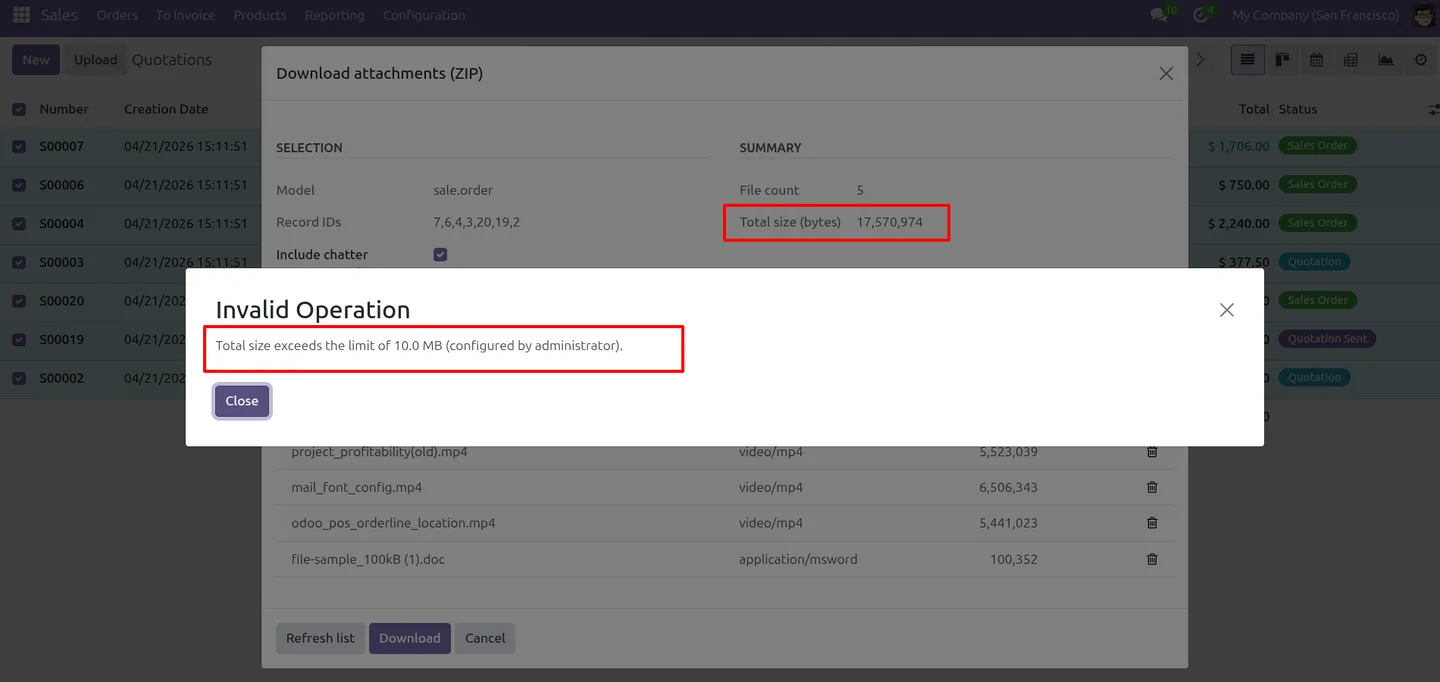 A validation error shown when a download exceeds the total size limit in Odoo