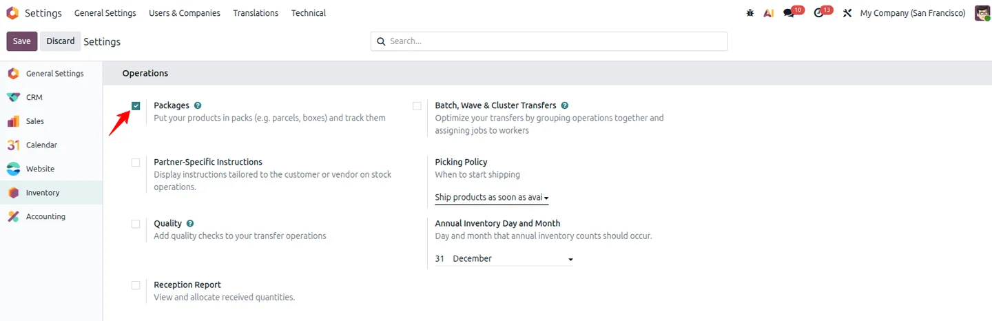 Odoo Inventory settings with the Packages option enabled