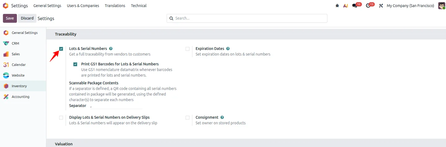 Odoo Inventory settings with Lots & Serial Numbers enabled under Traceability