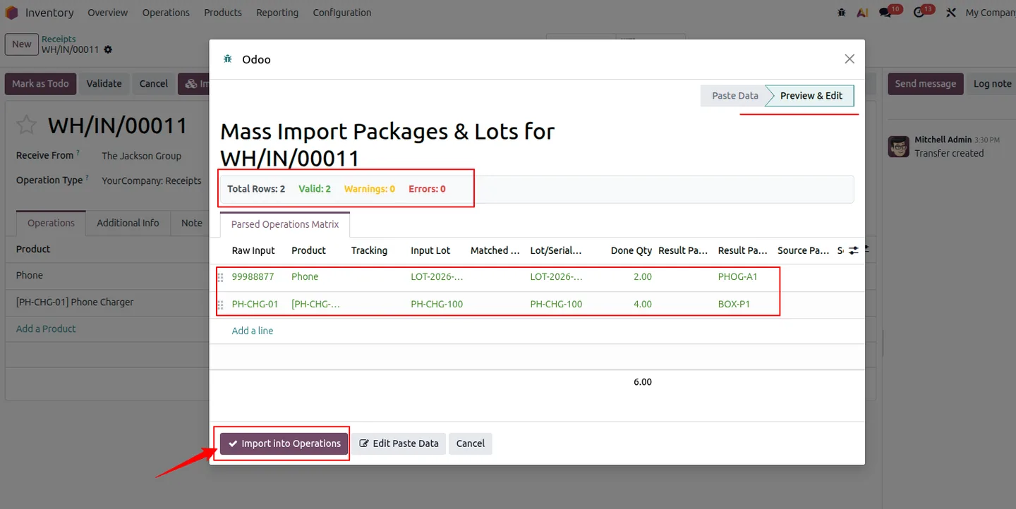 Preview & Edit step showing two valid parsed rows and the Import into Operations button