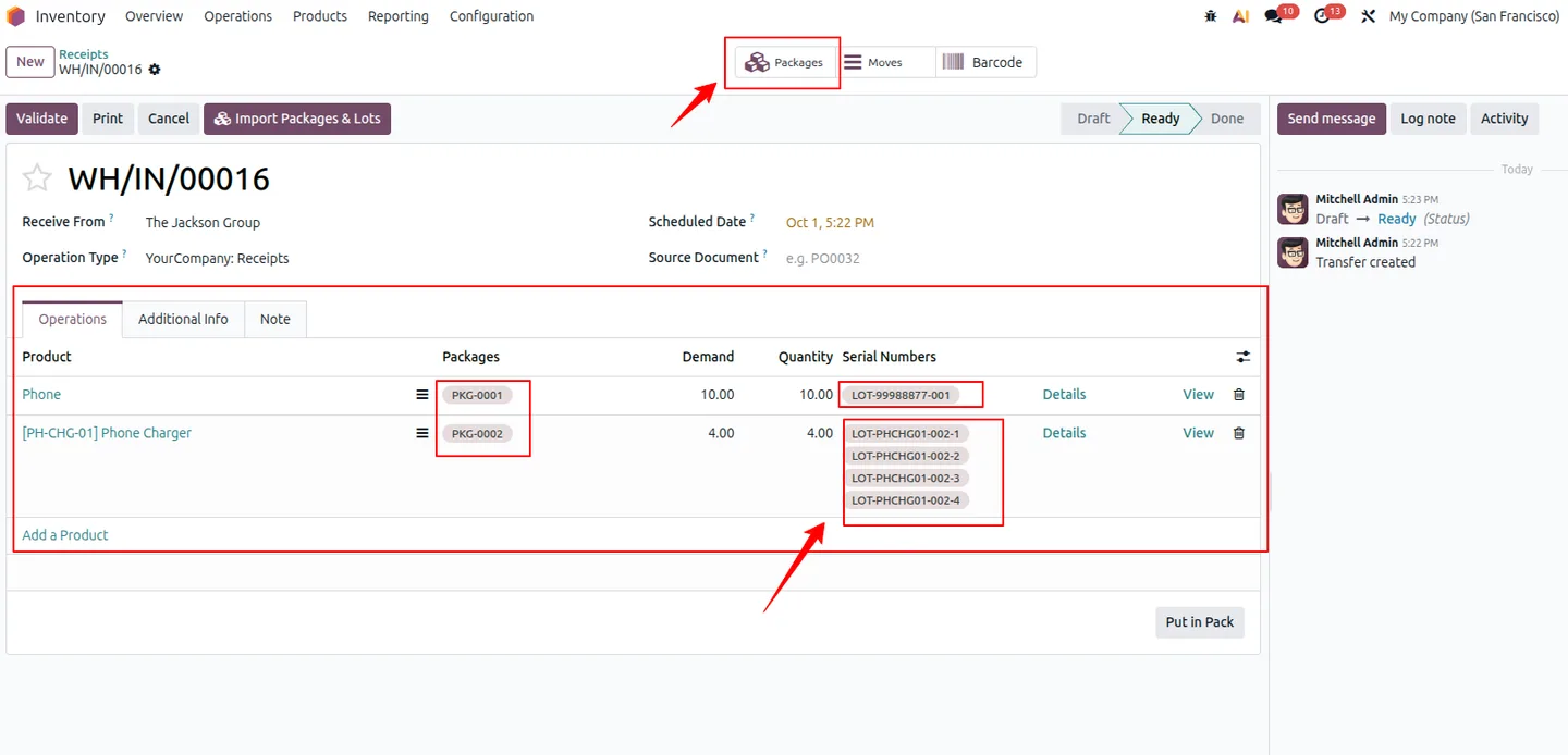 Receipt operations tab with imported packages and serial numbers on each product line