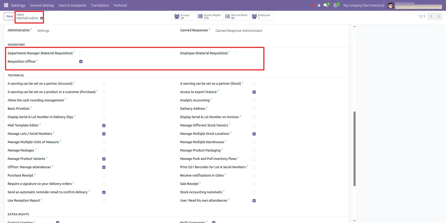 Assigning the Requisition Officer role to a Material Requisition Management user in Odoo