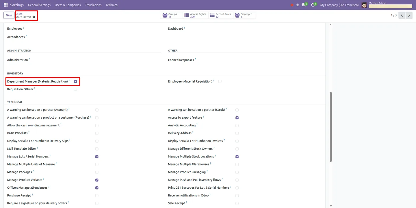 Configuring a Department Manager role for material requisition approvals in Odoo