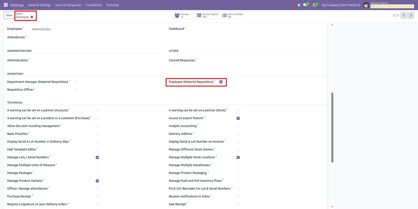 Employee user access settings for Material Requisition Management in Odoo