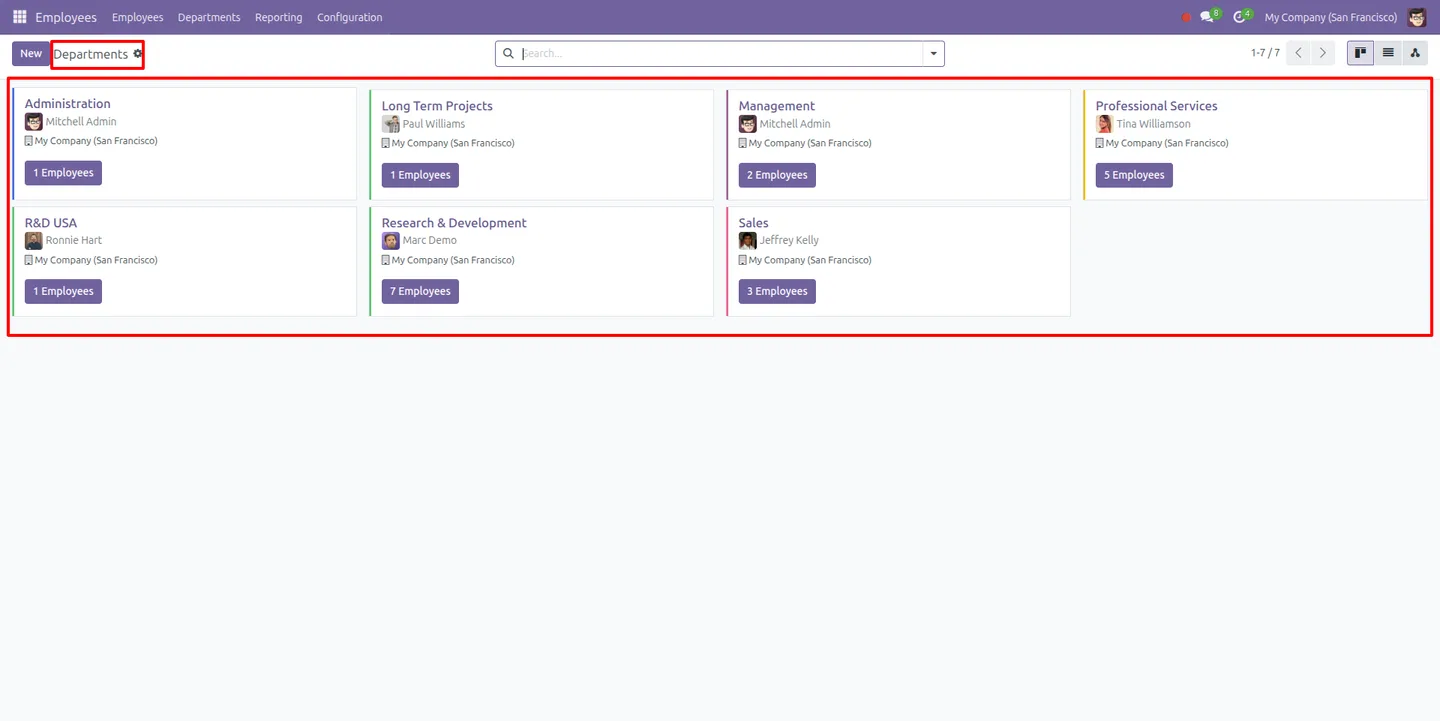 Employee department assignments used to route material requisition approvals in Odoo