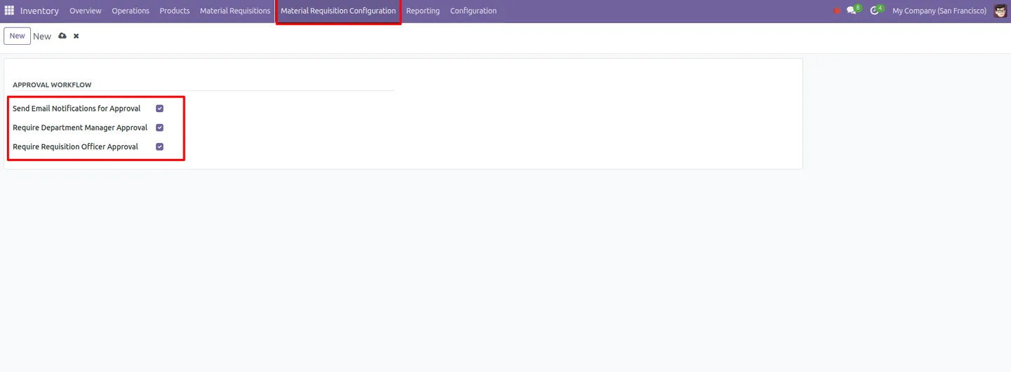 Material requisition approval workflow configuration screen in Odoo