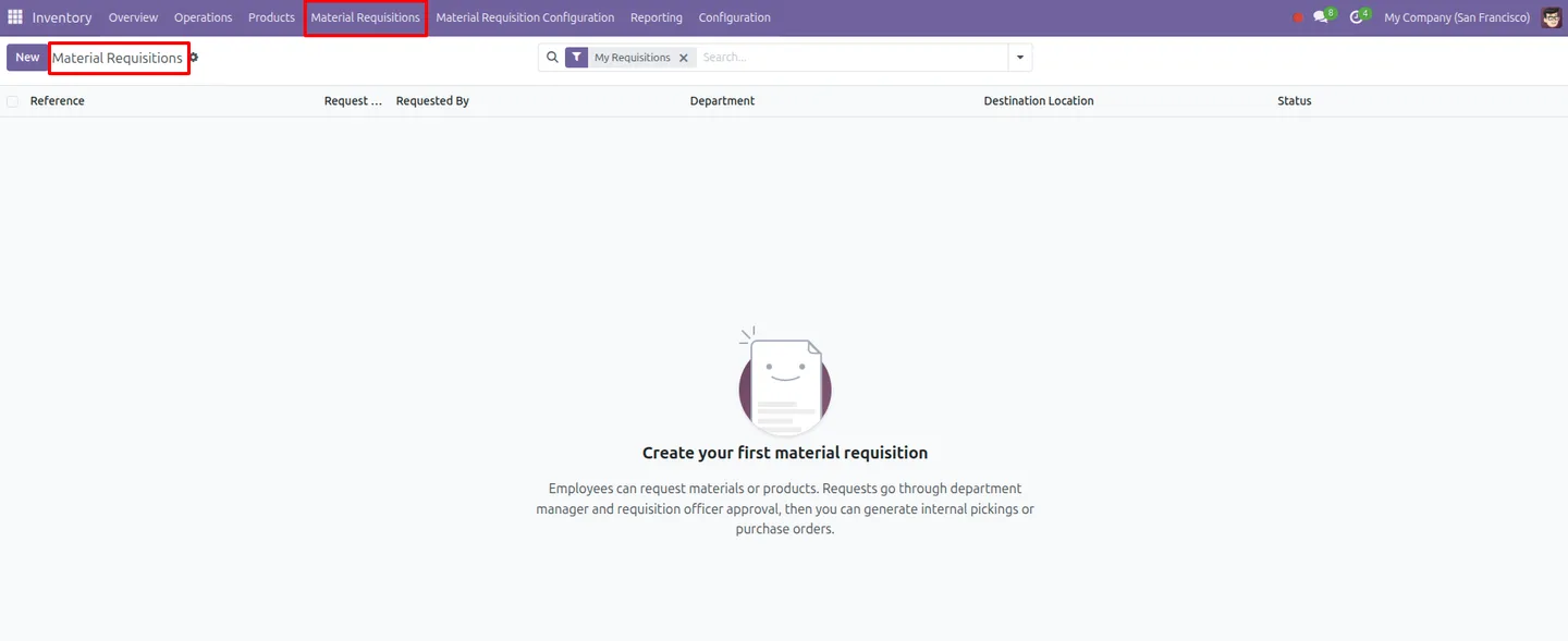 A material requisition record with its request lines in Odoo