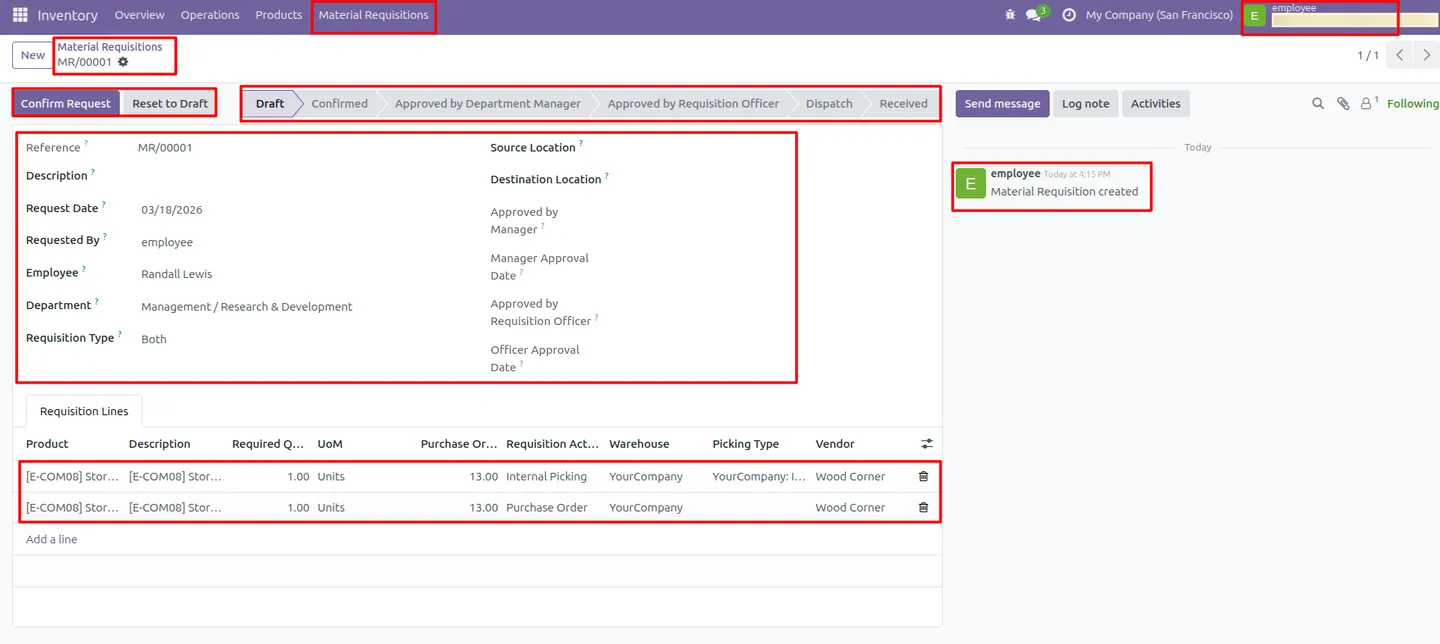 An employee material requisition in draft state in Odoo