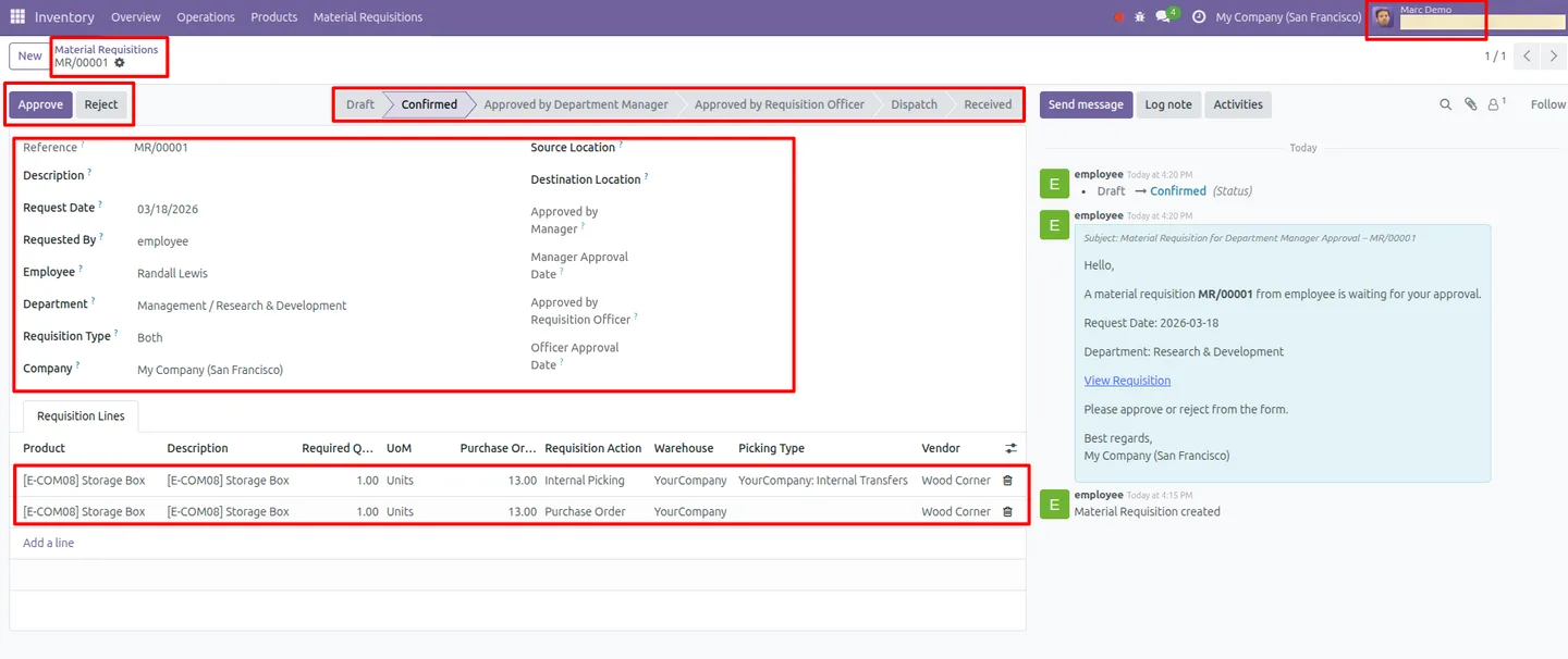 A material requisition request awaiting approval in Odoo