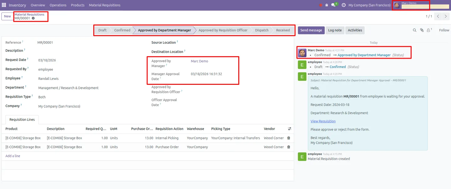 An approved material requisition request ready for fulfilment in Odoo