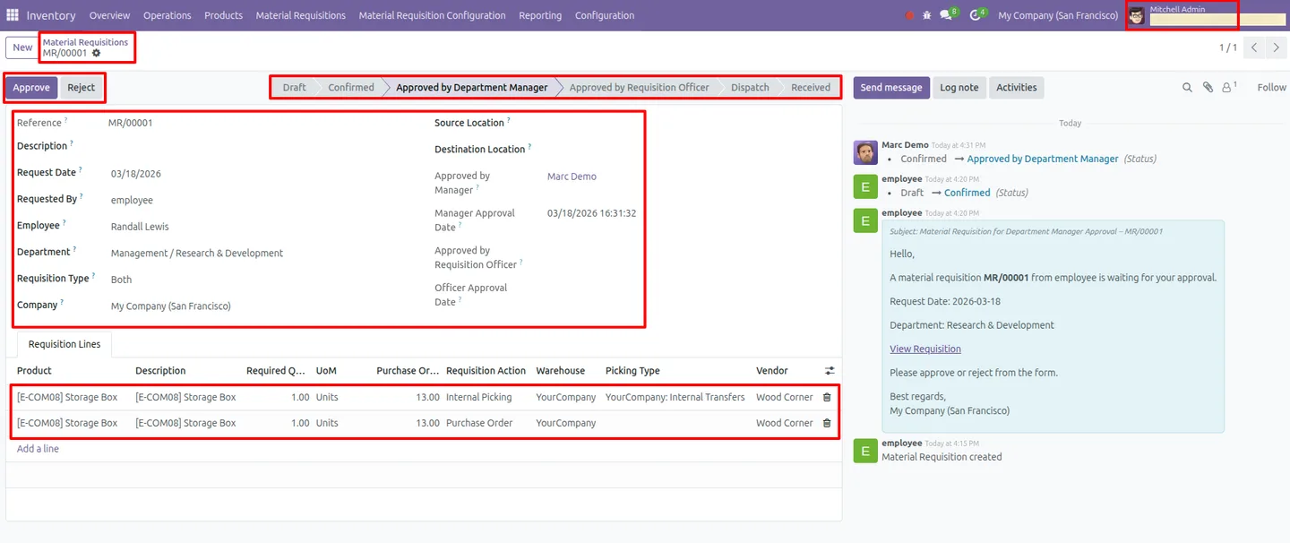 A manager reviewing a material requisition request in Odoo