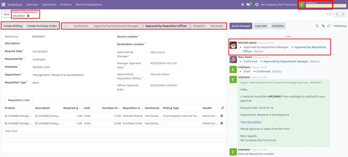 A manager-approved material requisition request fulfilled in Odoo