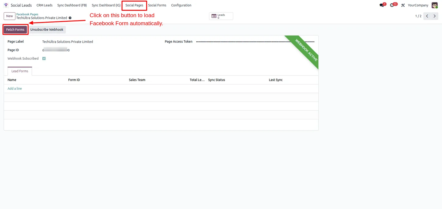 Fetching available Facebook lead forms in Odoo