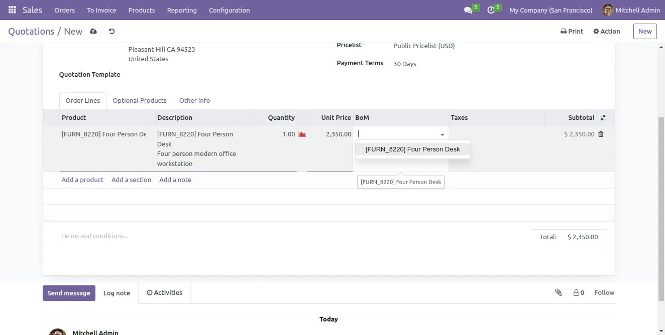 Selecting a specific Bill of Materials on the sales order line in Odoo Manufacturing