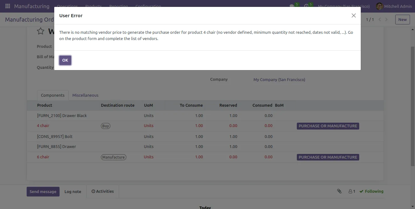 Purchase order auto-generated from a Buy-routed component