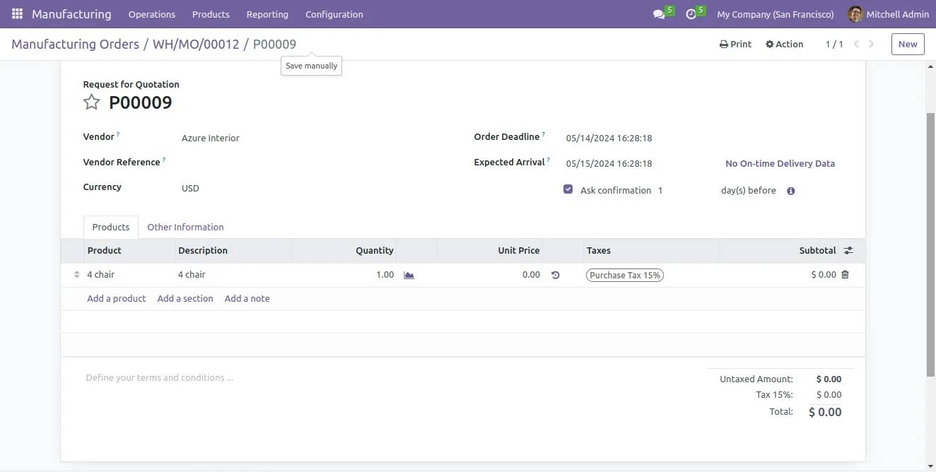 Smart buttons on the parent MO showing child purchase and manufacturing orders