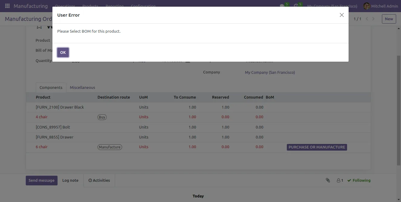 Stock moves traced from the parent manufacturing order in Odoo