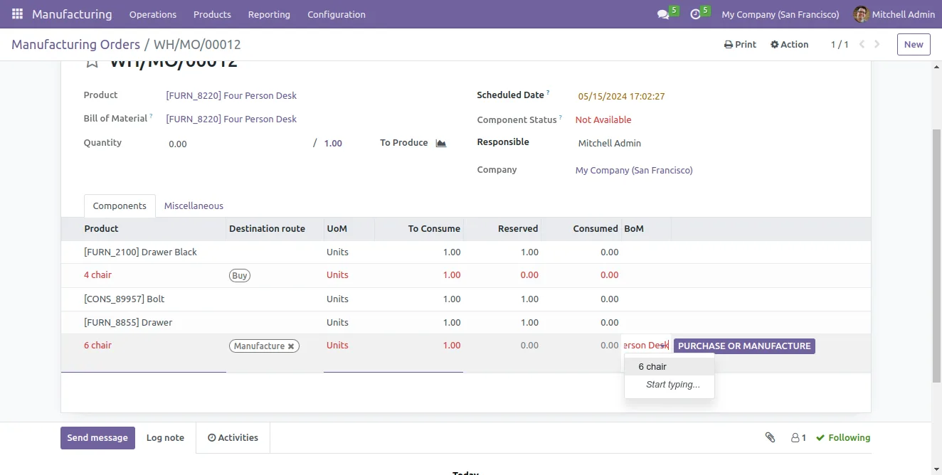 Cost valuation view linked to the manufacturing order hierarchy