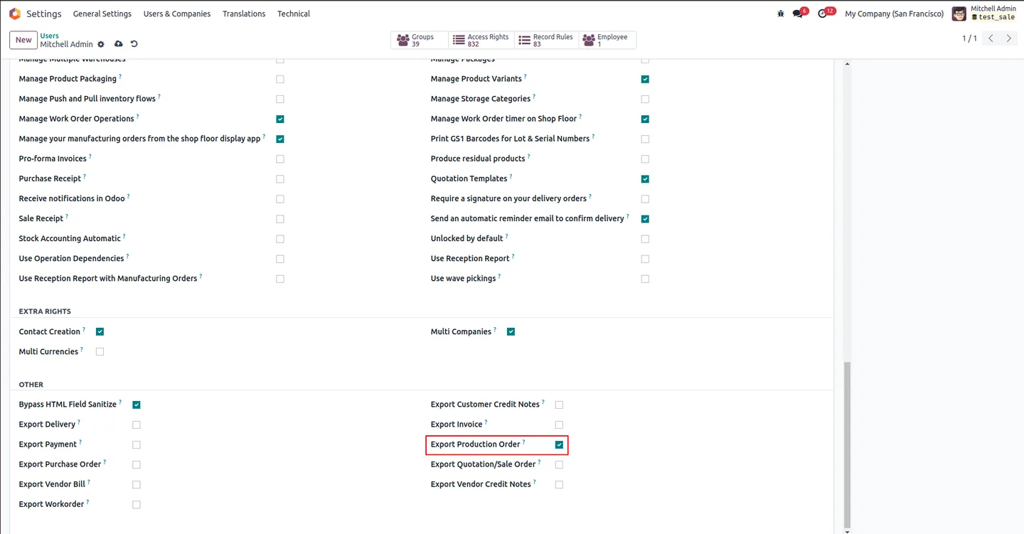 User settings enabling the Export Production Order permission in Odoo