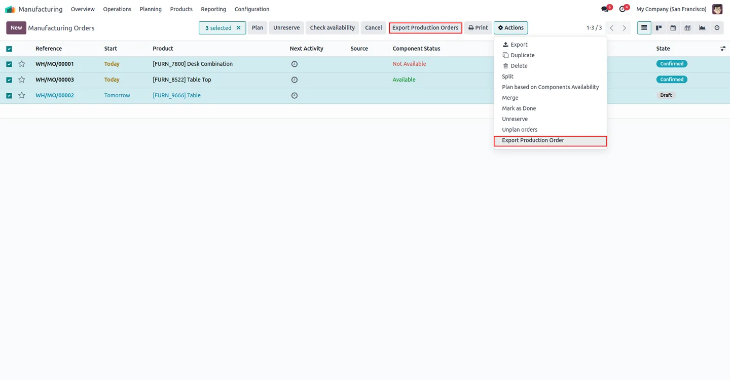 Manufacturing Orders tree view with the Export Production Orders action