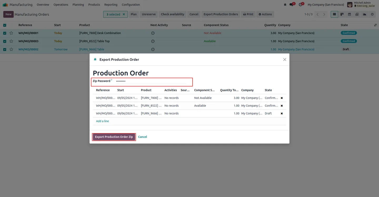 Export Production Orders wizard with password-protected ZIP option
