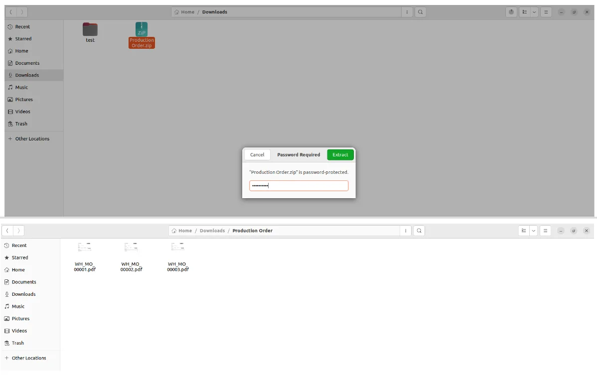 Password-protected ZIP of Odoo Manufacturing Order PDFs