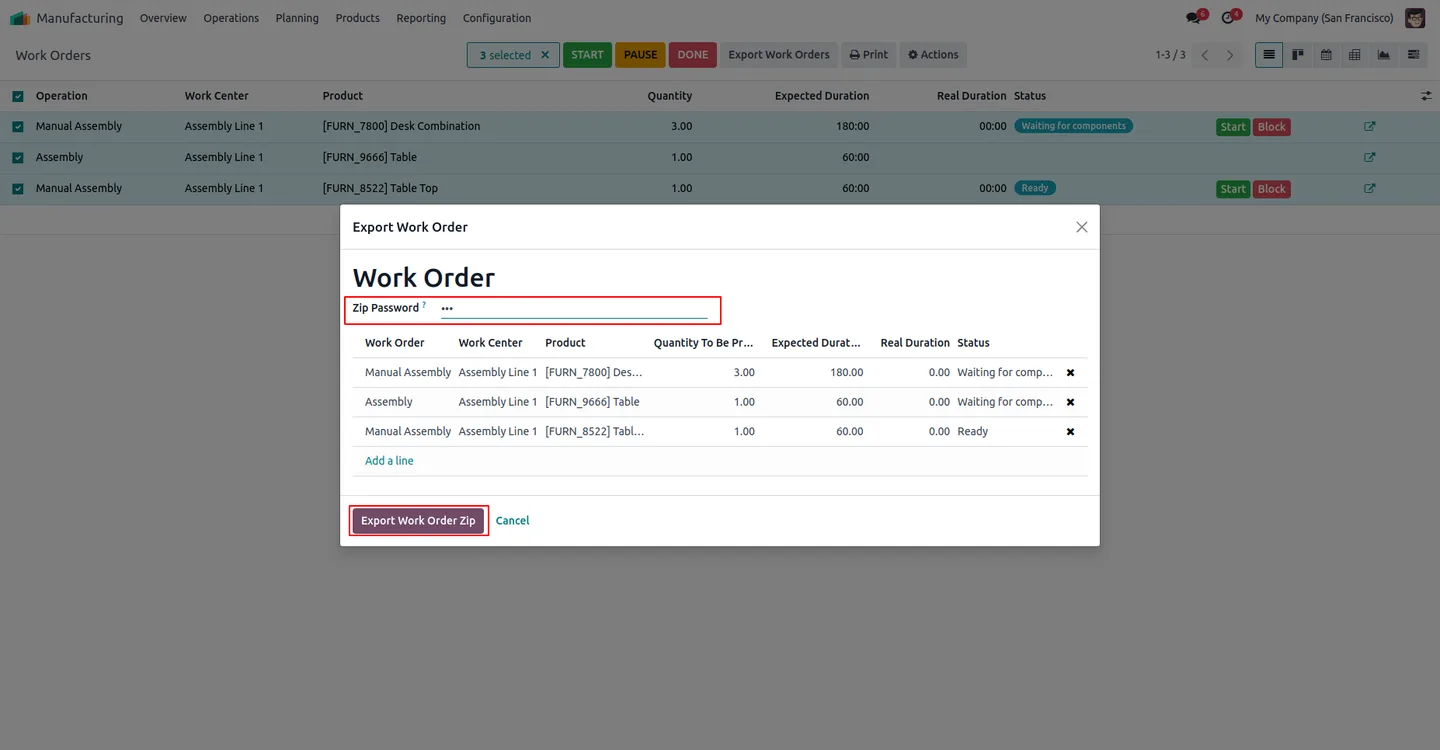 Bulk-generated Work Order ZIP archive opened with password