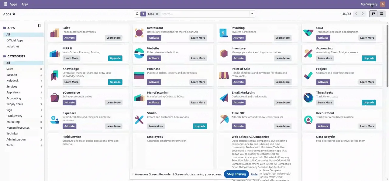 Selecting every company at once in the Odoo company switcher with Multi-Company Selector