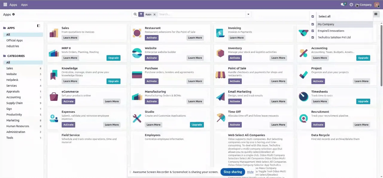 Deselecting all companies except the default in the Odoo company switcher