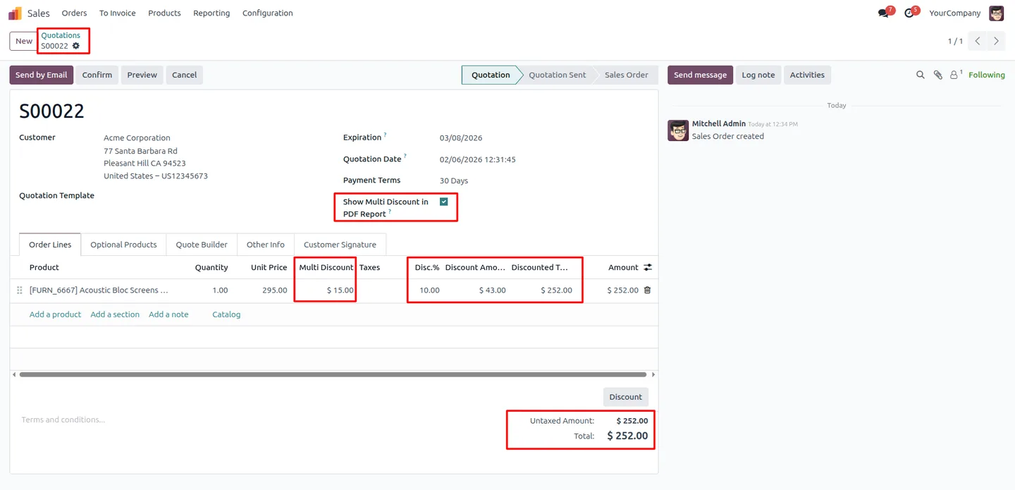 A sales order total with the fixed Multi Discount deducted before the percentage in Odoo