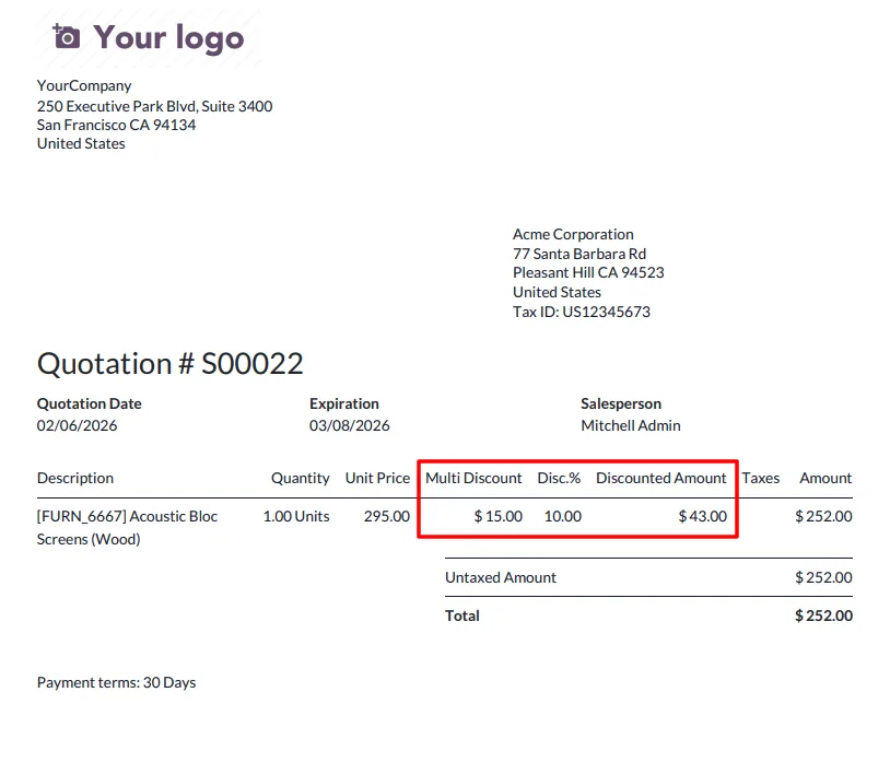 Multi Discount shown on a printed Odoo sales quotation PDF