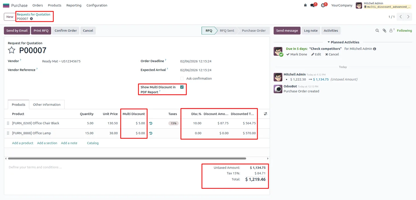 Advanced Multi Discount on a purchase order line in Odoo