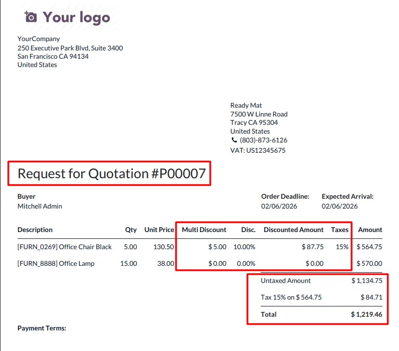 Multi Discount displayed on a printed Odoo purchase order PDF