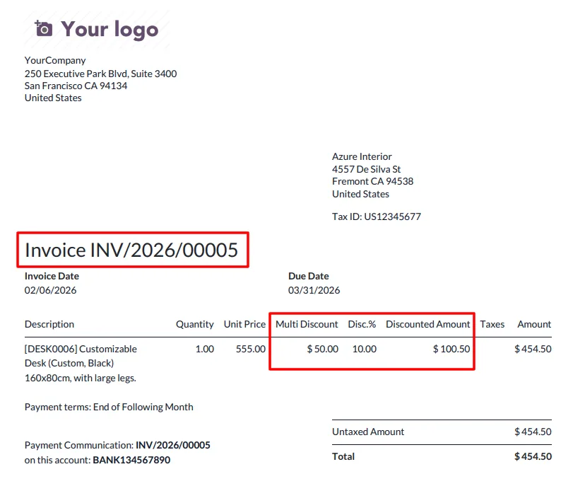 Multi Discount shown on a printed Odoo customer invoice PDF