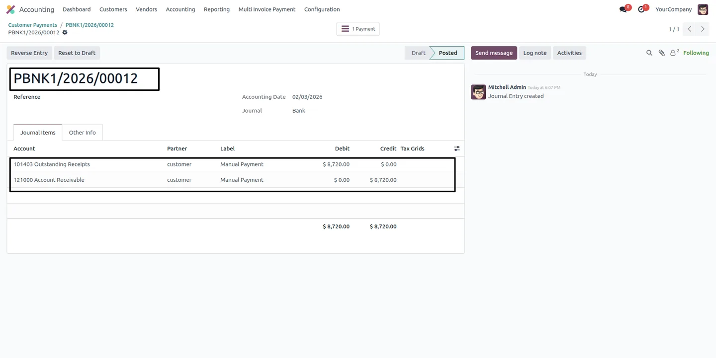 The posted payment and journal entry created from the Multi-Invoice wizard