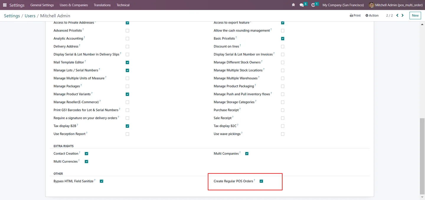Enabling the Create Regular POS orders permission on an Odoo user