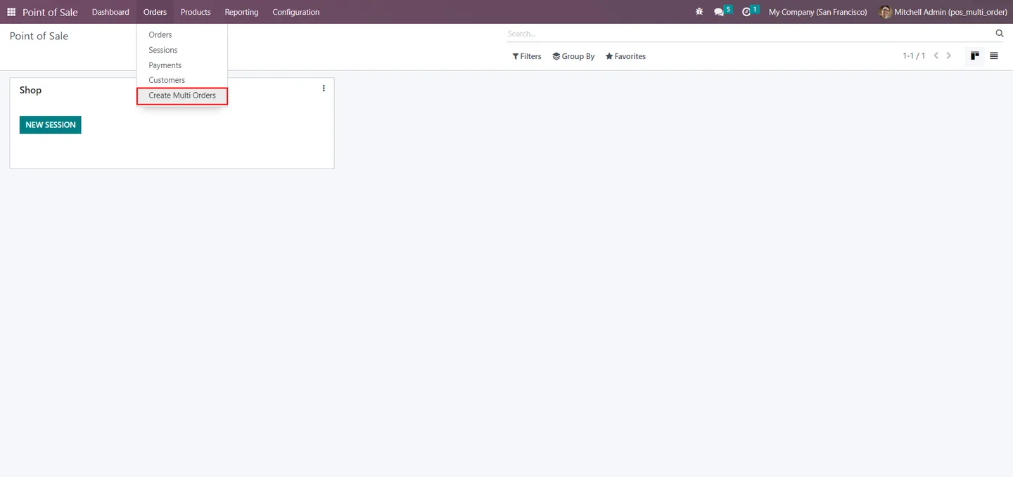 The new Create Multi Order tab inside Point of Sale → Orders in Odoo