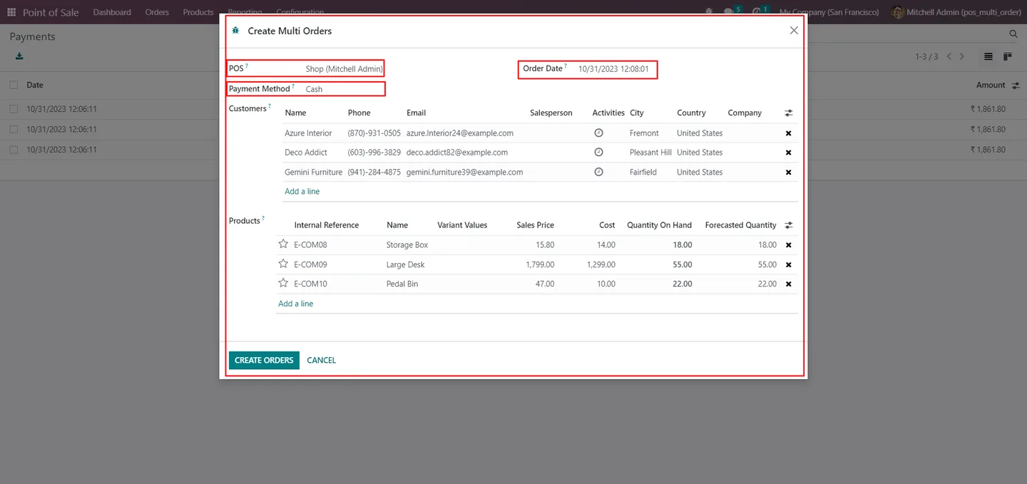 Selecting POS shop, payment method, customers, and products in the multi-order form