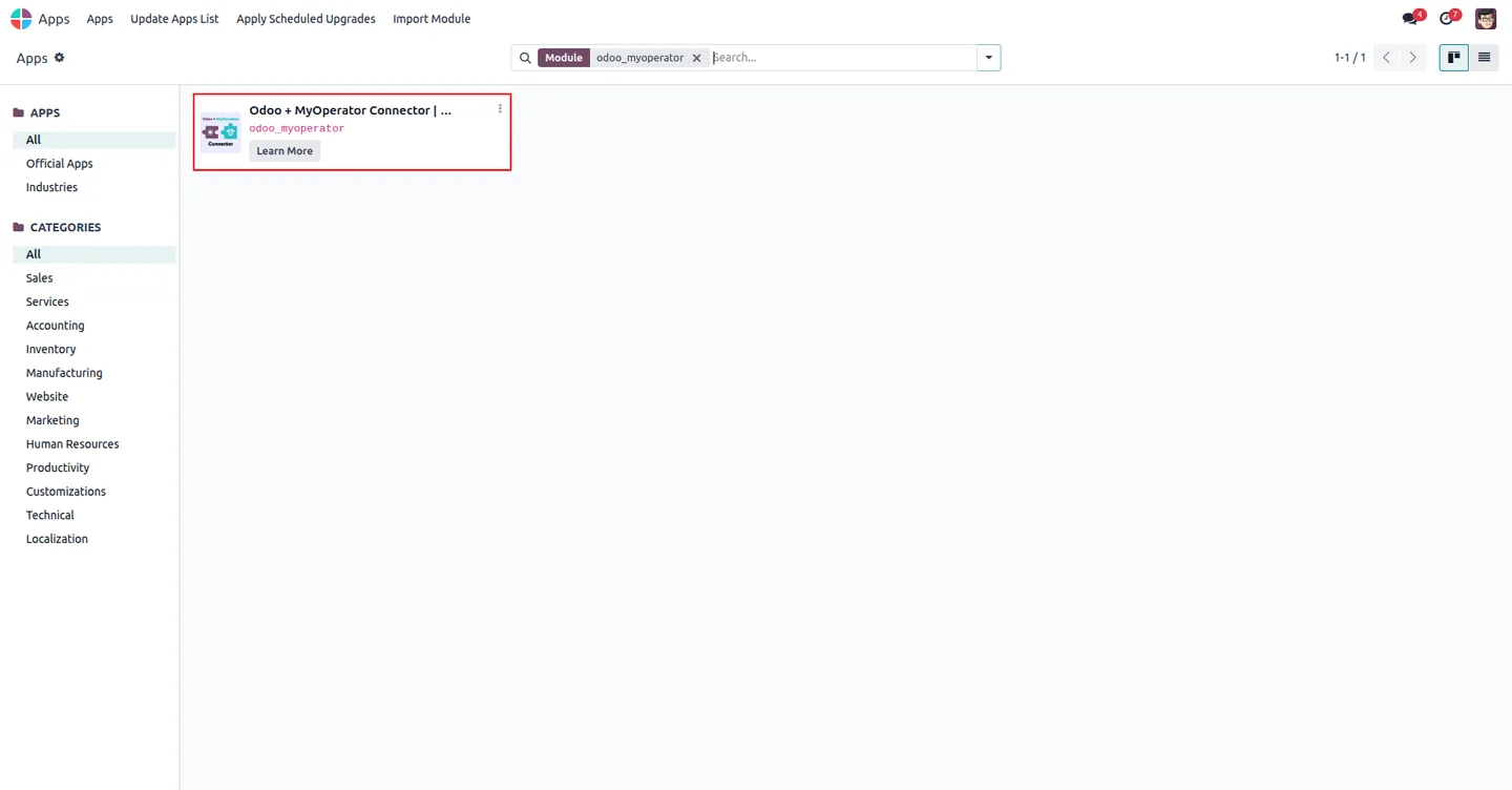 MyOperator Connector module in the Odoo Apps list, ready to install