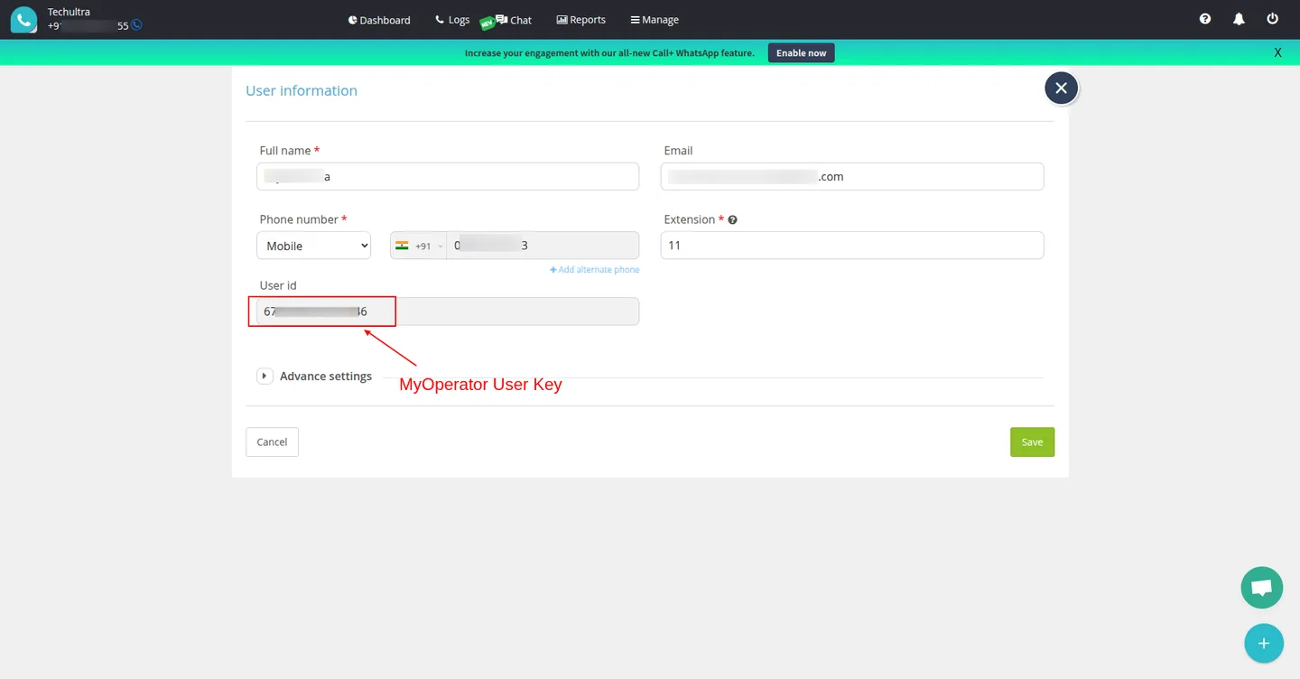 A MyOperator call logged automatically against an Odoo record