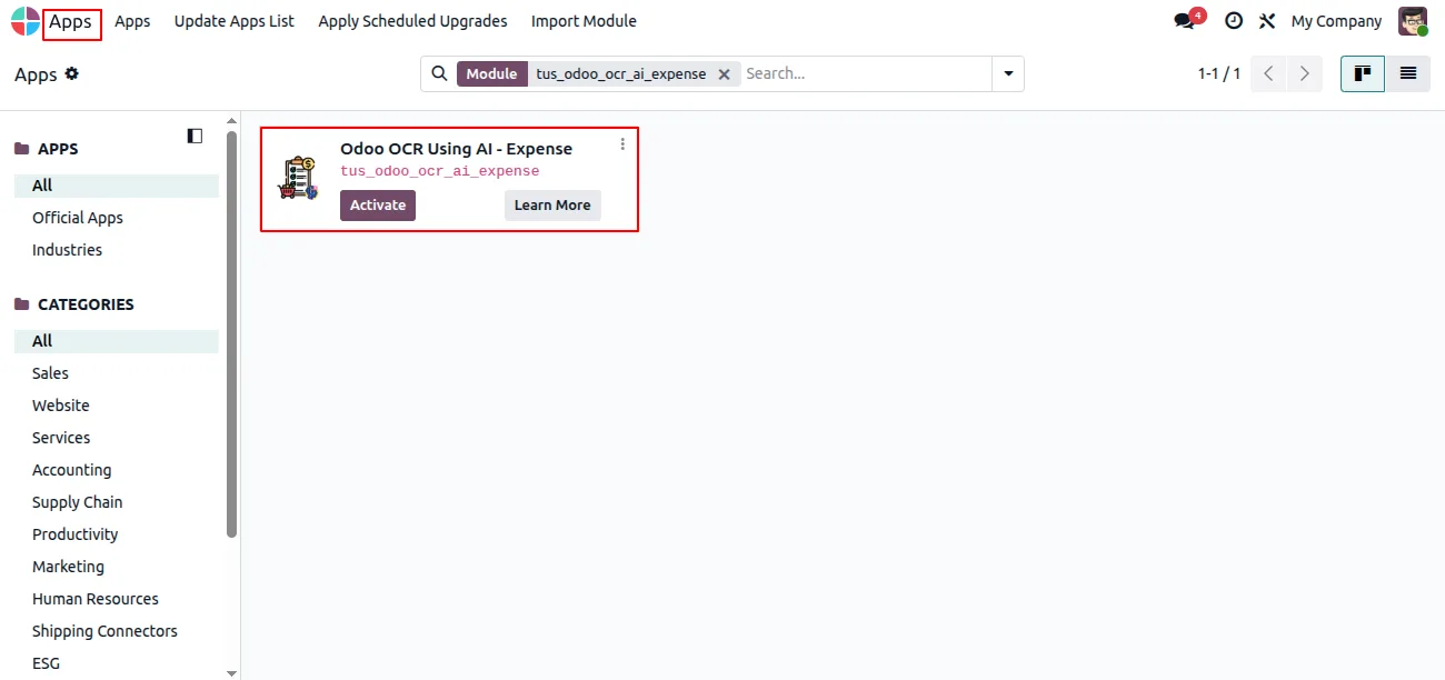 Installing the Odoo OCR AI — Expenses module from Odoo Apps