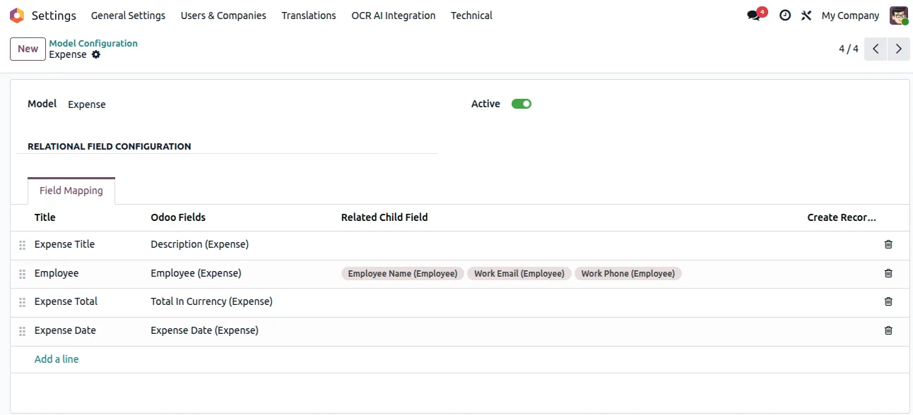 A draft Odoo expense created in one click from a scanned document